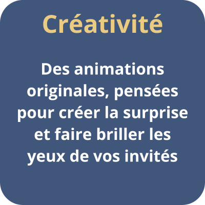 Encadré bleu présentant la valeur “Créativité” avec un texte évoquant des animations originales et surprenantes