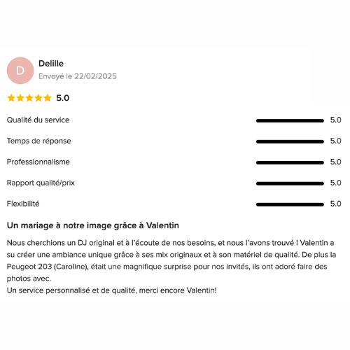 Témoignage client cinq étoiles sur les prestations de Rozowski Events pour un mariage réussi