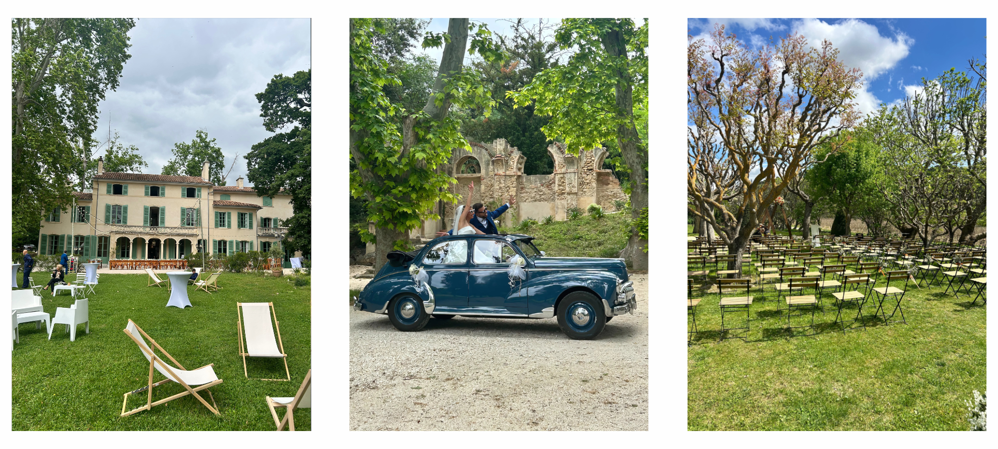 Voiture de collection Caroline en extérieur lors d’un mariage champêtre organisé par Rozowski Events