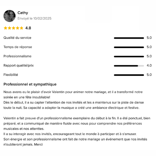 Témoignage client cinq étoiles sur les prestations de Rozowski Events pour un mariage réussi