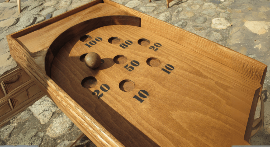 Plateau de jeu traditionnel en bois avec trous numérotés pour lancer de palets