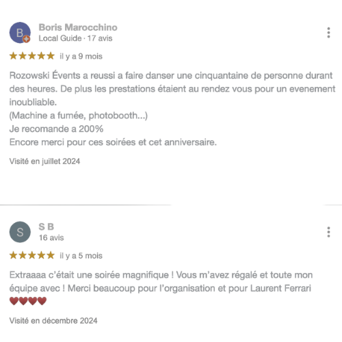 Témoignage client cinq étoiles sur les prestations de Rozowski Events pour un mariage réussi