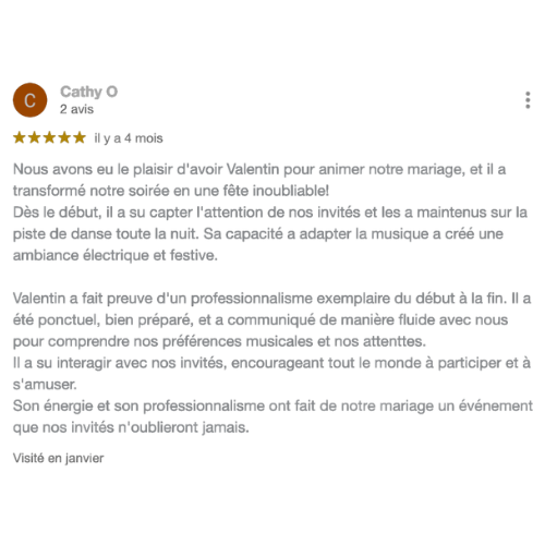 Témoignage client cinq étoiles sur les prestations de Rozowski Events pour un mariage réussi