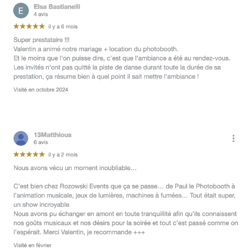 Témoignage client cinq étoiles sur les prestations de Rozowski Events pour un mariage réussi