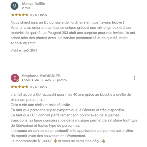 Témoignage client cinq étoiles sur les prestations de Rozowski Events pour un mariage réussi