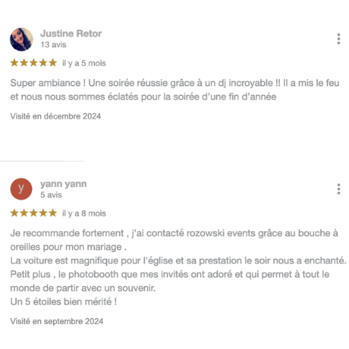 Témoignage client cinq étoiles sur les prestations de Rozowski Events pour un mariage réussi